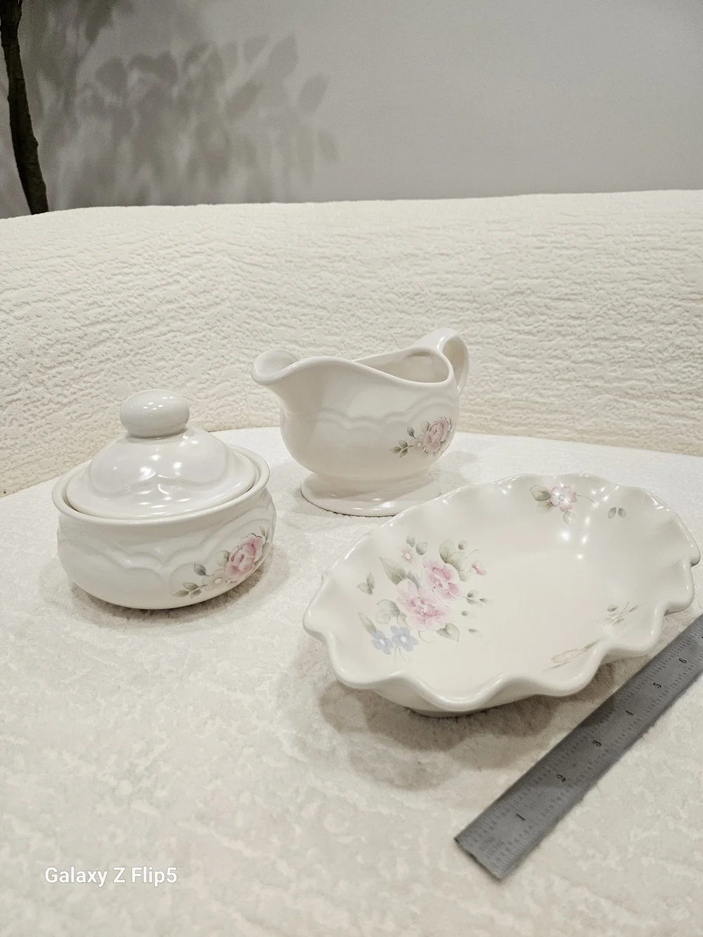 White Floral Ceramic Gravy Boat, Sugar Bowl & Serving Dish Set